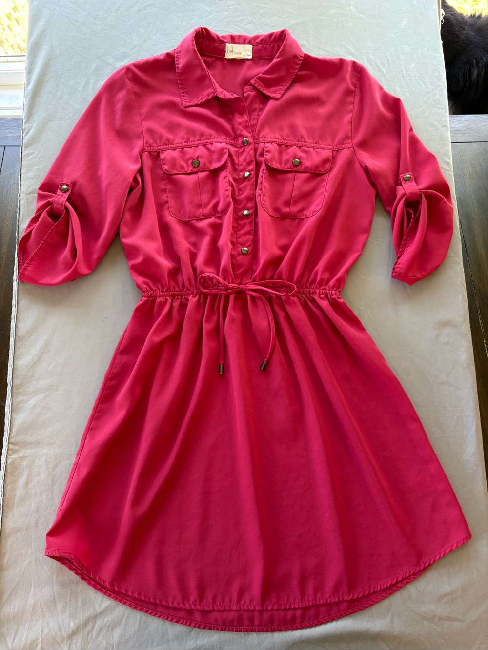 BeBop Red Button-Front Shirt Dress with Drawstring Waist